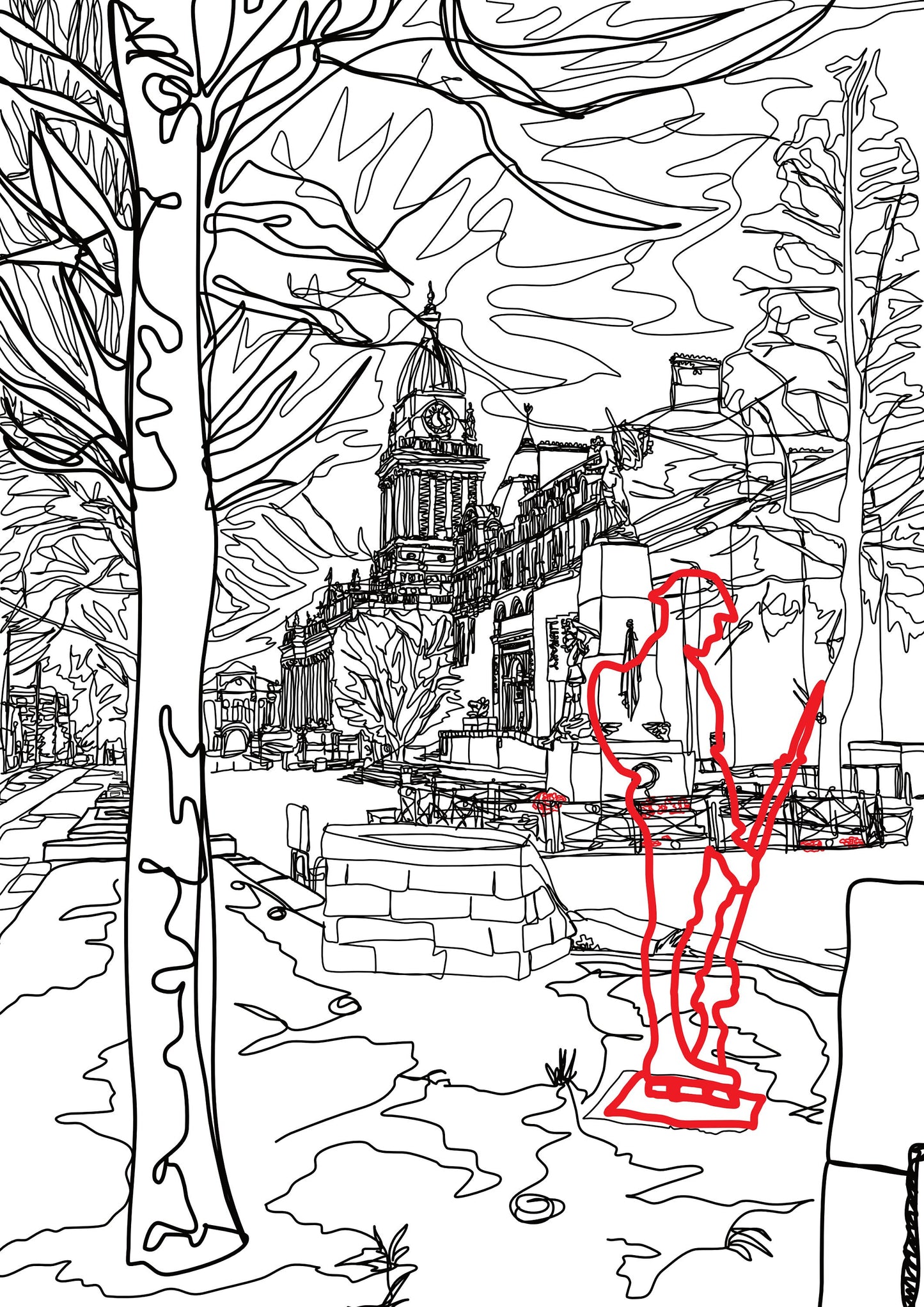 Line Art | Leeds Soldier Memorial and Town Hall | Landmark | Illustration Print