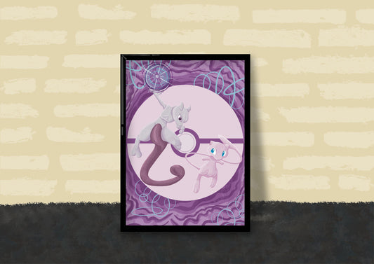 Wall Art | Mew and Mewtwo | Anime | Pokémon | Illustration Print